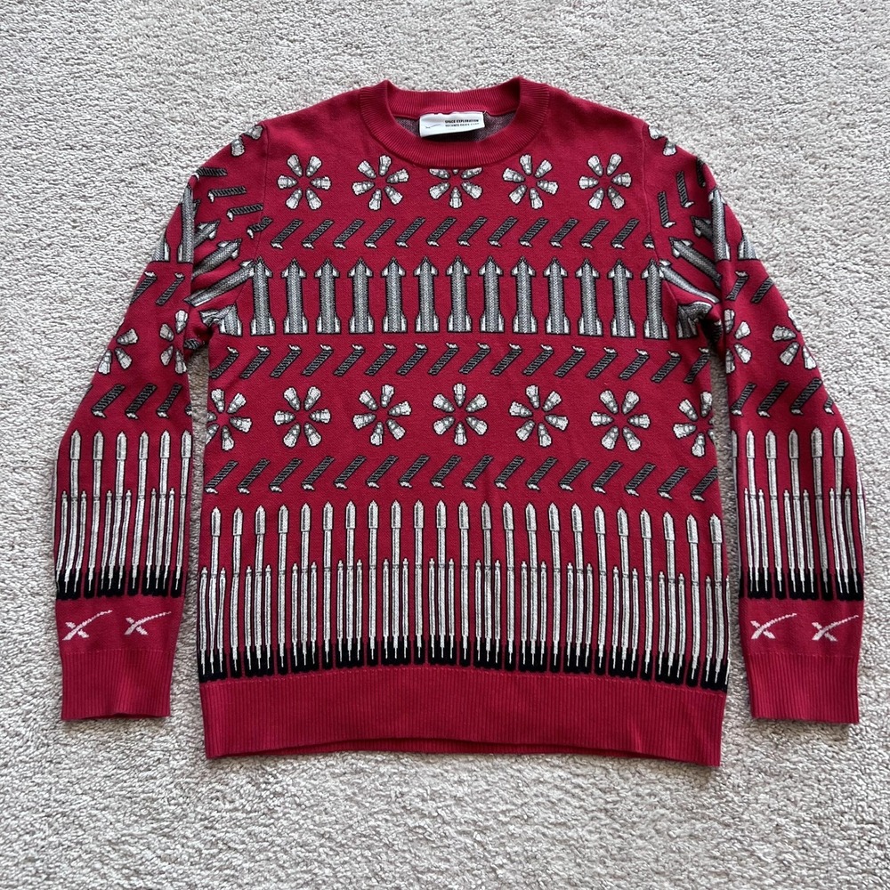 SpaceX Rocketeer Christmas Sweater Mens Large Red Knit Pullover Crewneck